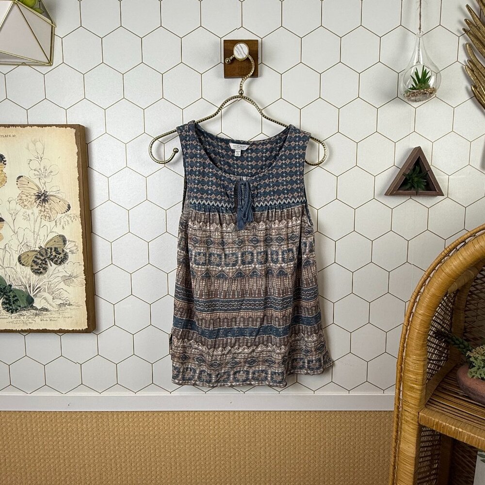 Lucky Brand Boho Blue Geometric Sleeveless Tie-Front Top - Size - XS - Picture 1 of 5